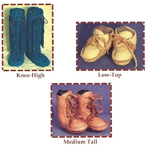 May include: Three pairs of leather moccasins in different styles: knee-high, low-top, and medium tall. The knee-high moccasins are blue suede with fringe. The low-top moccasins are light brown leather. The medium tall moccasins are brown leather with laces.
