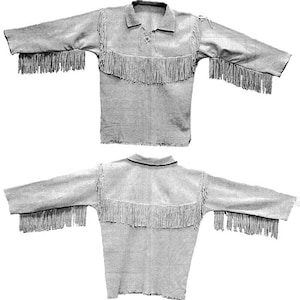 May include: A gray leather shirt with fringe detailing on the sleeves and neckline. The shirt is shown from the front and back.
