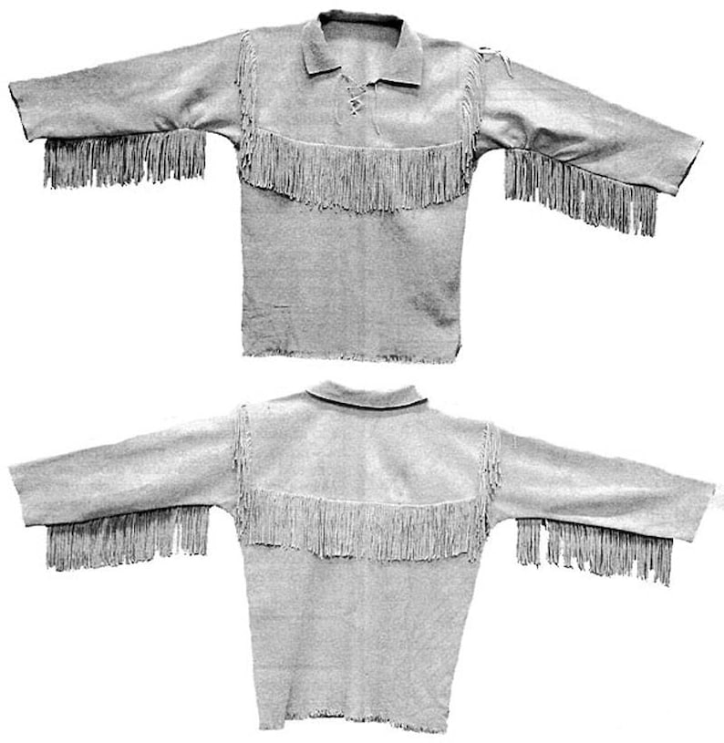 May include: A gray leather shirt with fringe detailing on the sleeves and neckline. The shirt is shown from the front and back.