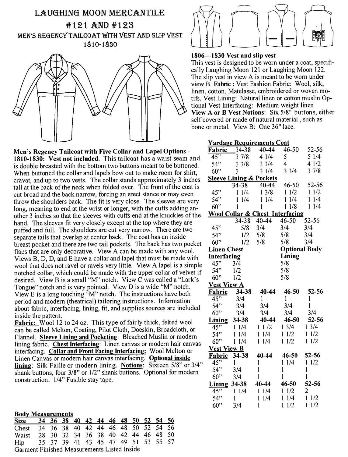 Men/'s Regency Tailcoat w//Lapel Options sz 34-56 Laughing Moon Sewing Pattern 121