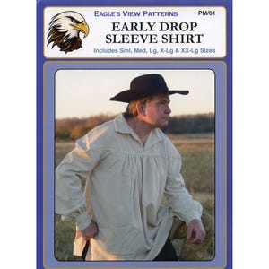May include: A sewing pattern for an early drop sleeve shirt. The pattern includes sizes small, medium, large, extra large, and extra extra large. The pattern is illustrated with a man wearing a white shirt and a black hat.