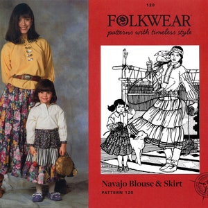 May include: Image of a woman and child wearing a yellow blouse and floral skirt, and a white blouse and floral skirt, respectively. The image also shows a pattern cover with the text "FOLKWEAR patterns with timeless style" and an illustration of a Navajo blouse and skirt.