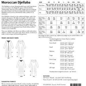 May include: Pattern #157, a Moroccan Djellaba sewing pattern, features front and back views of a loose-fitting hooded tunic with long sleeves. Includes sizing and yardage requirements, fabric suggestions, and notions. The pattern offers two lengths.