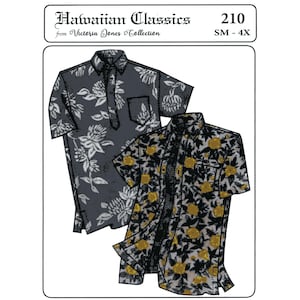 Men&#39;s Traditional Hawaiian Aloha Shirt S-4XL - Victoria Jones Sewing Pattern #210 in Dark Print Cover