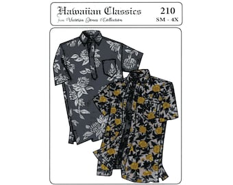 Men's Traditional Hawaiian Aloha Shirt S-4XL - Victoria Jones Sewing Pattern #210 in Dark Print Cover