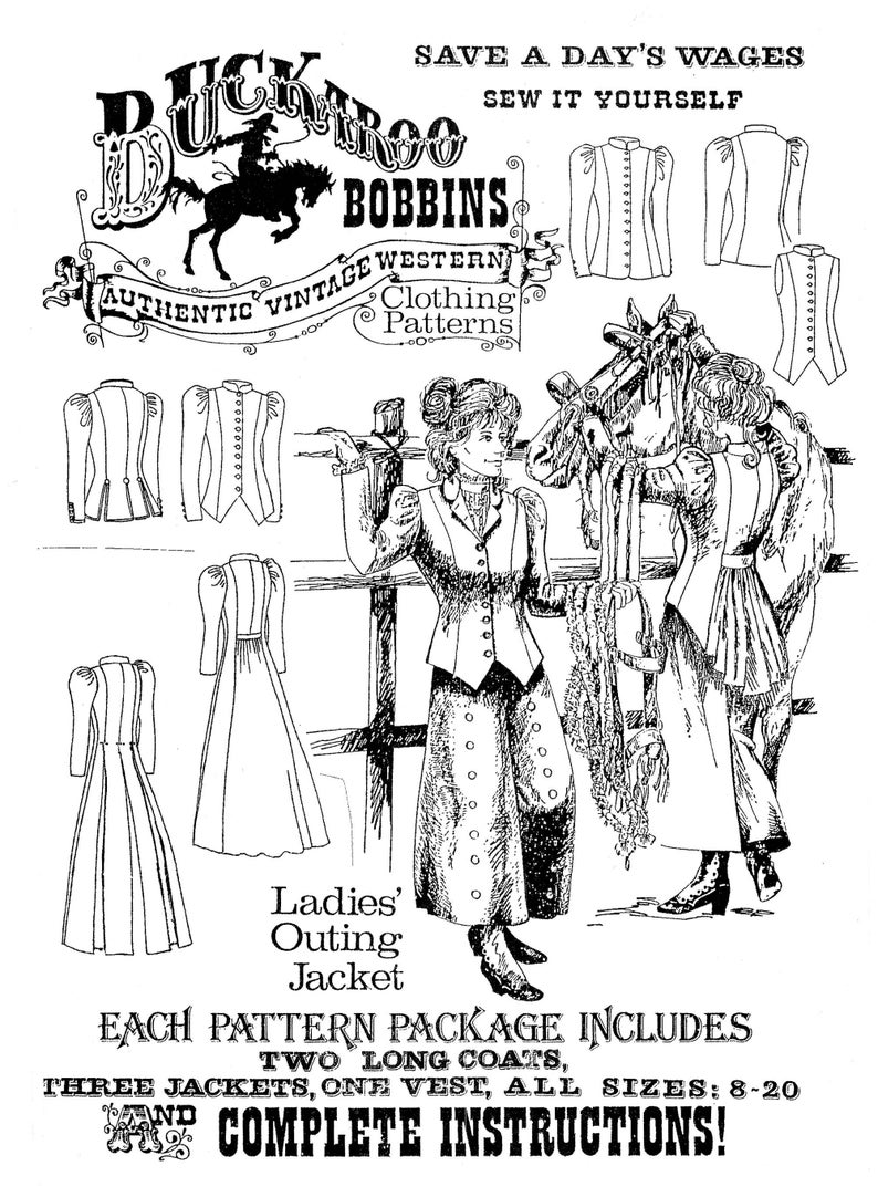 Edwardian Sewing Patterns- Dresses, Skirts, Blouses, Costumes     Buckaroo Bobbins Ladies 1880s - 1890s Outing Jacket Sewing Pattern - 2 Long Coats 3 Jackets & 1 Vest sizes 6-20 $18.95 AT vintagedancer.com