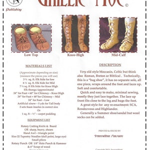 May include: A diagram showing three different styles of Ghillie Moc leather shoes: low top, knee-high, and mid-calf. The diagram includes a materials list and equipment list for making the shoes. The text in the image reads "Ghillie Moc", "Materials List", "Equipment List", "Description", "Printed & Issued by Sparrowhawk Publishing", and "Copyright 2013 - Sparrowhawk".