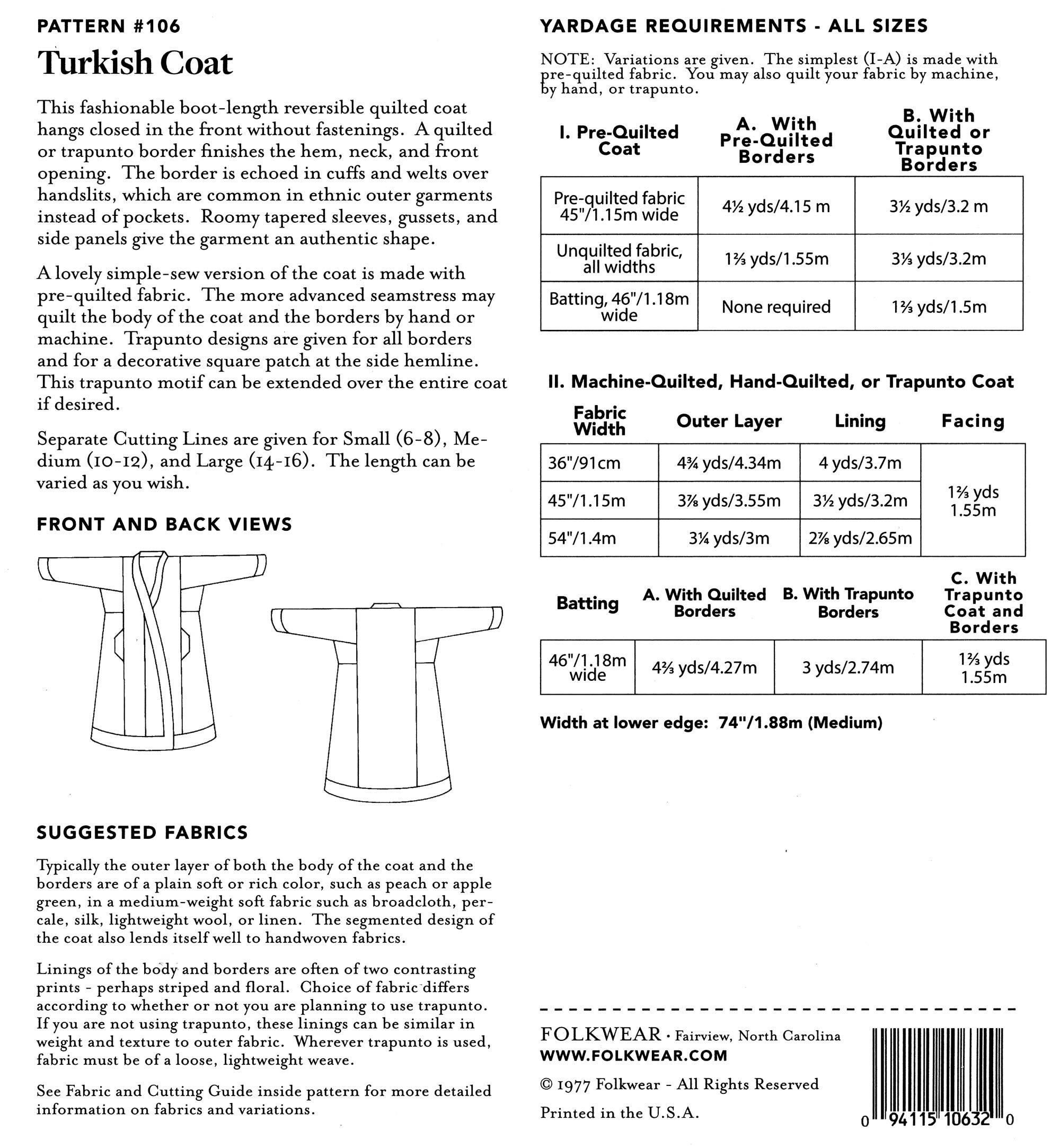 Folkwear 106 Turkish Coat Sewing Pattern - Women's sizes 6 Folkwear 106 Turkish Coat Sewing Pattern - Women's sizes 6