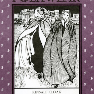 May include: Black and white illustration of two women wearing cloaks, standing in front of a castle. The text "Kinsale Cloak" is printed below the illustration.