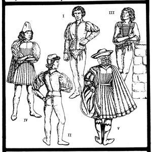 May include: Black and white line drawing illustration of five men wearing different styles of clothing from the Italian Renaissance period. The illustration is labeled "Period Patterns no 43" and "MEN'S ITALIAN RENAISSANCE GARMENTS, c. 1420-1500. a Mediaeval Miscellanea publication, © 1986".