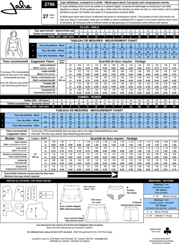Hot Pants /& Compression Shorts Sewing Pattern Jalie 2796 Multi-Sport Skort