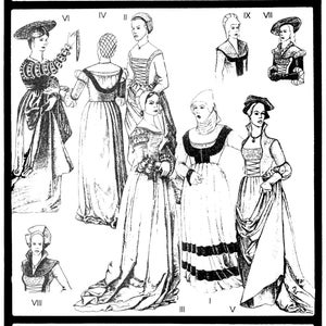 May include: A black and white sewing pattern illustration titled Period Patterns no 46. It displays various historical gown designs labeled with Roman numerals, featuring puff-and-slash sleeves, bodices, and headwear from 1500-1545 A.D.