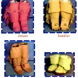 May include: Four pairs of moccasins in different sizes and colors. The moccasins are made of leather and have fringe. The sizes are infant, toddler, child, and short style.