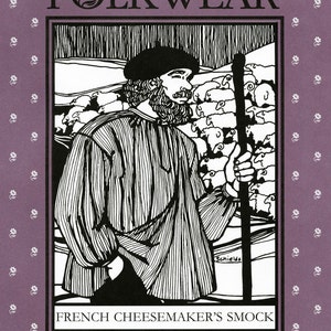 May include: Black and white illustration of a man in a striped shirt and beret, holding a staff, with sheep in the background. The image has the text "FOLKWEAR" at the top and "FRENCH CHEESEMAKER'S SMOCK" at the bottom, set against a purple background.