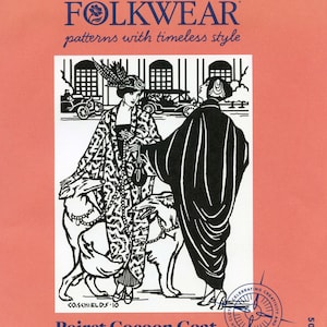 May include: A vintage-style illustration on a peach background features the text "FOLKWEAR patterns with timeless style." The image depicts two figures in long coats with dogs, and the text "Poiret Cocoon Coat" and "PATTERN 503."
