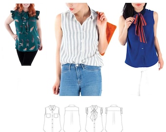 Jalie 3881 Rose - Sleeveless Button-Down Shirt Sewing Pattern in 28 sizes Women & Girls