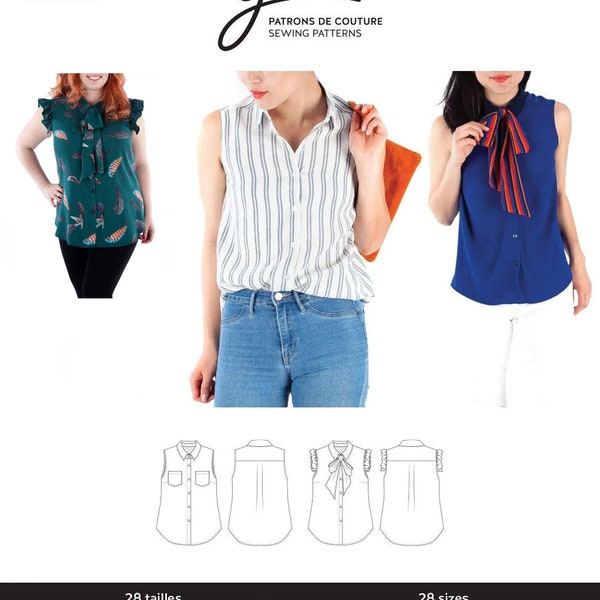 May include: A sewing pattern titled "Rose" by Jalie, featuring illustrations of various sleeveless blouses. The image includes a green blouse with feather print, a striped blouse, and a blue blouse with a bow. The pattern is for girls and women.