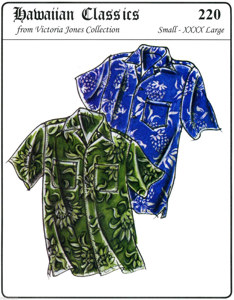 Men’s Vintage Reproduction Sewing Patterns     Mens Loose-fit Casual Hawaiian Aloha Shirt size S-4XL Victoria Jones Sewing Pattern #220  AT vintagedancer.com