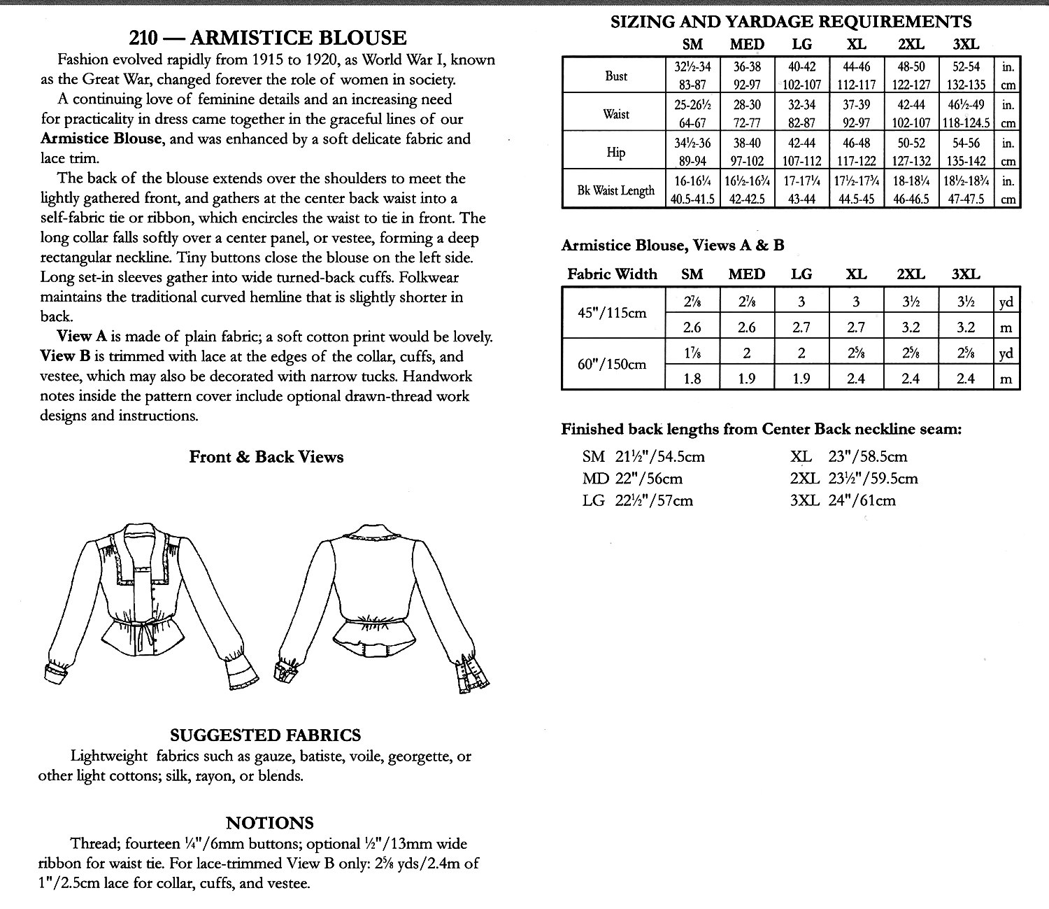 Folkwear Armistice Blouse Sewing Pattern # 210 WWI 1915-1920 era size ...