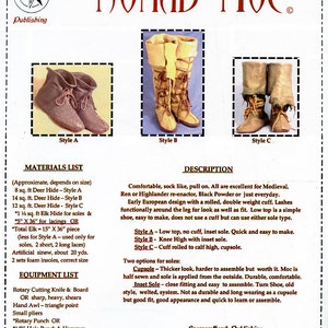 May include: A pattern for making three styles of moccasins, called Nomad Moc. The styles are labeled A, B, and C. Style A is a low-top moccasin, Style B is a knee-high moccasin, and Style C is a calf-high moccasin. The pattern includes a materials list and equipment list. The text "Sparrowhawk Publishing" is at the bottom of the page.