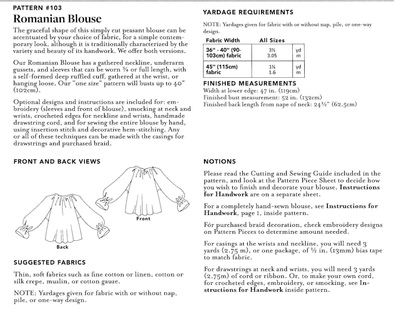 Pode incluir: Um padr&atilde;o de costura para uma blusa romena, com instru&ccedil;&otilde;es para bordado, smocking e bordas de croch&ecirc;. O padr&atilde;o inclui os requisitos de metragem para tecidos com ou sem pelo, pelo ou design de uma s&oacute; dire&ccedil;&atilde;o.