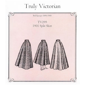 May include: An illustration of three split skirts from the Truly Victorian Bell Epoque 1890-1900 collection. The skirts are in a vintage style, with detailed shading and a classic design. The text "Truly Victorian" and "TV299 1901 Split Skirt" are also visible.