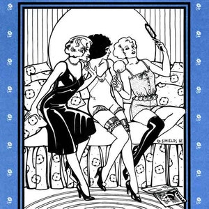 May include: Black and white illustration of three women in lingerie sitting on a bed. The image is from a vintage pattern book and includes the text "Folkwear" and "Intimacies".