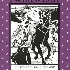 May include: A black and white illustration on a purple background. The image features a man on horseback, interacting with two people in traditional clothing. The text at the top reads "FOLKWEAR" and the text at the bottom reads "SHIRTS OF RUSSIA & UKRAINE".
