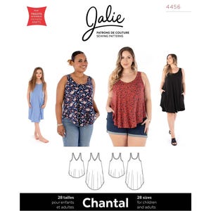 May include: A sewing pattern for a sleeveless top called "Chantal" by Jalie. The pattern includes 28 sizes for children and adults. The image shows four women wearing different versions of the top in various colors and patterns.