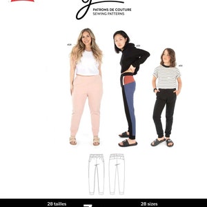 May include: A white background features the Jalie logo and text, "PATRONS DE COUTURE SEWING PATTERNS." The image showcases a pattern for joggers, with three people modeling the pants. Text indicates the pattern is for children and adults, with 28 sizes available.