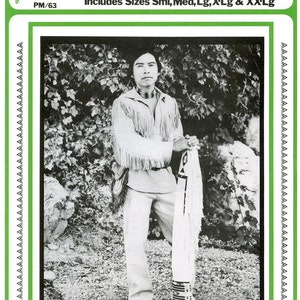 May include: A black and white photo of a person wearing a fringed shirt and pants, holding a long, fringed object. The photo is from a vintage sewing pattern for a frontiersman's shirt. The pattern includes sizes small, medium, large, extra large, and extra extra large.