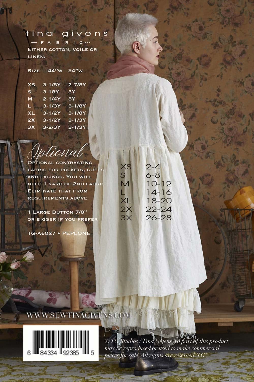 Tina Givens Peplone Jacket or Shirt / Tunic sizes XS3X Sewing Pattern