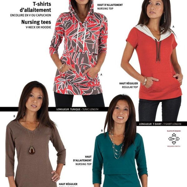 Jalie V-Neck T-Shirts - Nursing & Regular Tees in 2 Lengths Sewing Pattern # 3132 Bust 31-50"