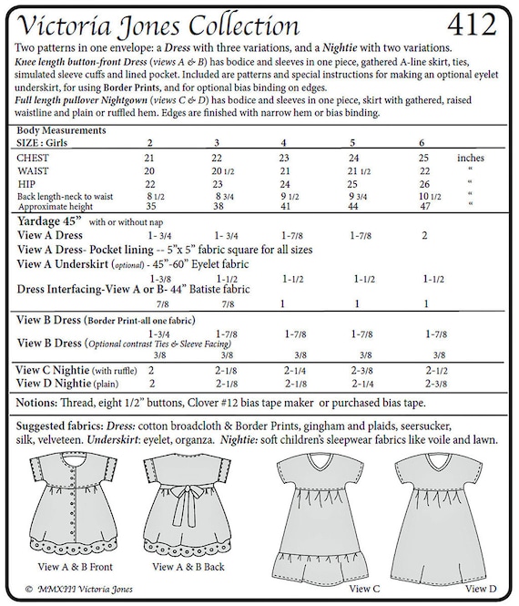 Girls' Dress W/3 Variations & Nightgown Sizes 2-6 Victoria