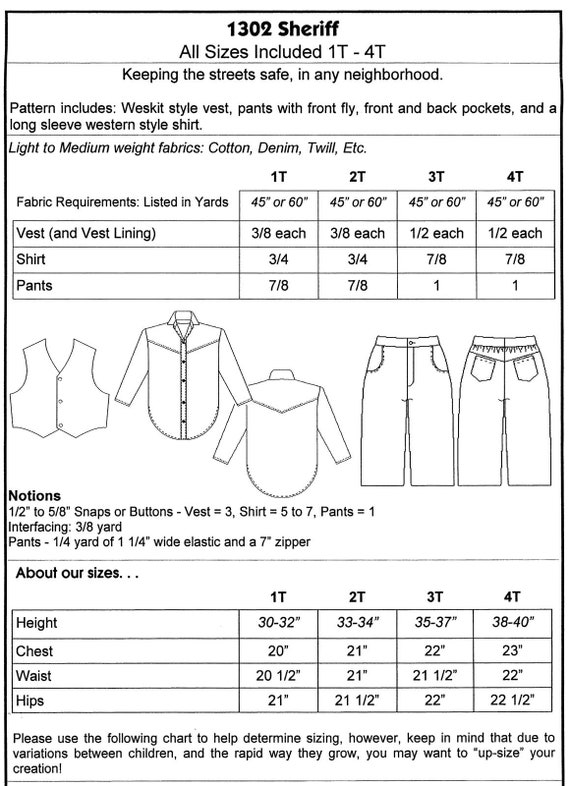 Toddler Boys' Western Shirt, Vest & Pants Sheriff / Cowboy Costume Sizes  1T-4T Dana Marie Sewing Pattern 1302 