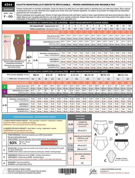 Jalie 4344 Sarah Period Underwear & Reusable Pad Sewing Pattern in 28 Sizes  