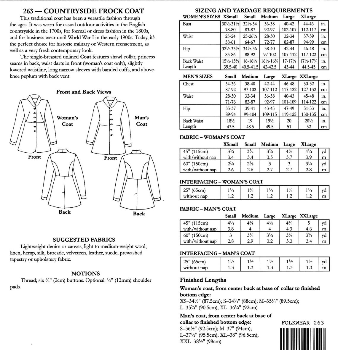 Folkwear Countryside Frock Coat Sewing Pattern 263 Women Etsy