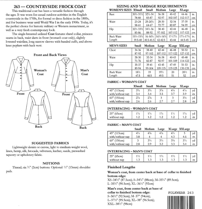 Folkwear Countryside Frock Coat Sewing Pattern 263 Women Etsy