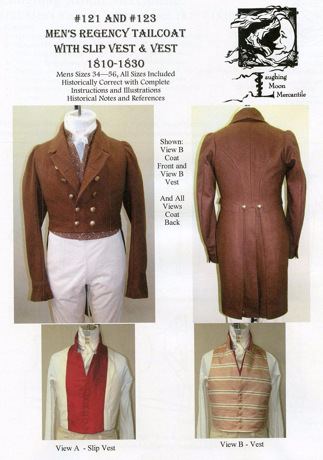 Mens Regency Tailcoat & Vest Costume 34-56 Laughing Moon Sewing Patterns 121/123 