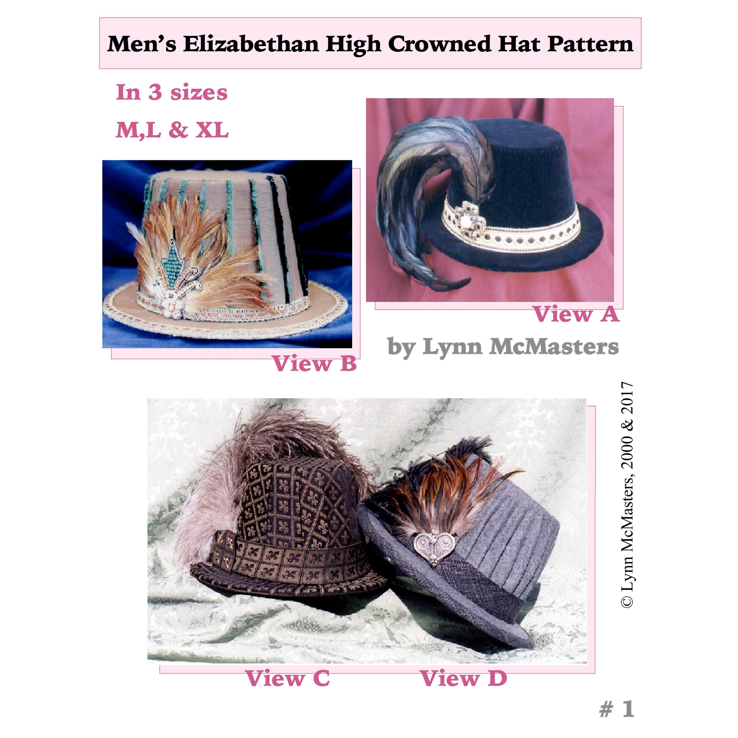 Men's Elizabethan High Crowned Hat in 4 Views sizes MLXL Sewing