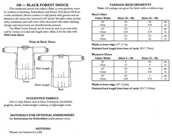 Folkwear Black Forest Smock Kittel Mens Shirt or Ladies Dress Sewing Pattern 148 Folkwear Black Forest Smock Kittel Mens Shirt or Ladies Dress Sewing Pattern 148