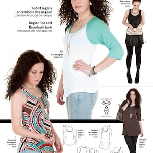 May include: A sewing pattern for a raglan tee and racerback tank top. The pattern includes instructions for making both regular and tunic lengths. The pattern is available in sizes 22 to 24.