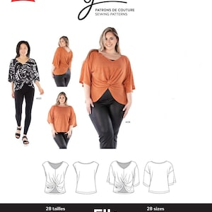 May include: Jalie 4015 sewing pattern for a women's top called "Elle". The pattern includes 28 sizes for girls and women. The pattern is for stretch knits. The image shows a model wearing the top in orange.