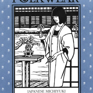 May include: A black and white illustration of a woman in a kimono tending to a bonsai tree. The image is framed with a blue border and the text "FOLKWEAR" and "JAPANESE MICHIYUKI".