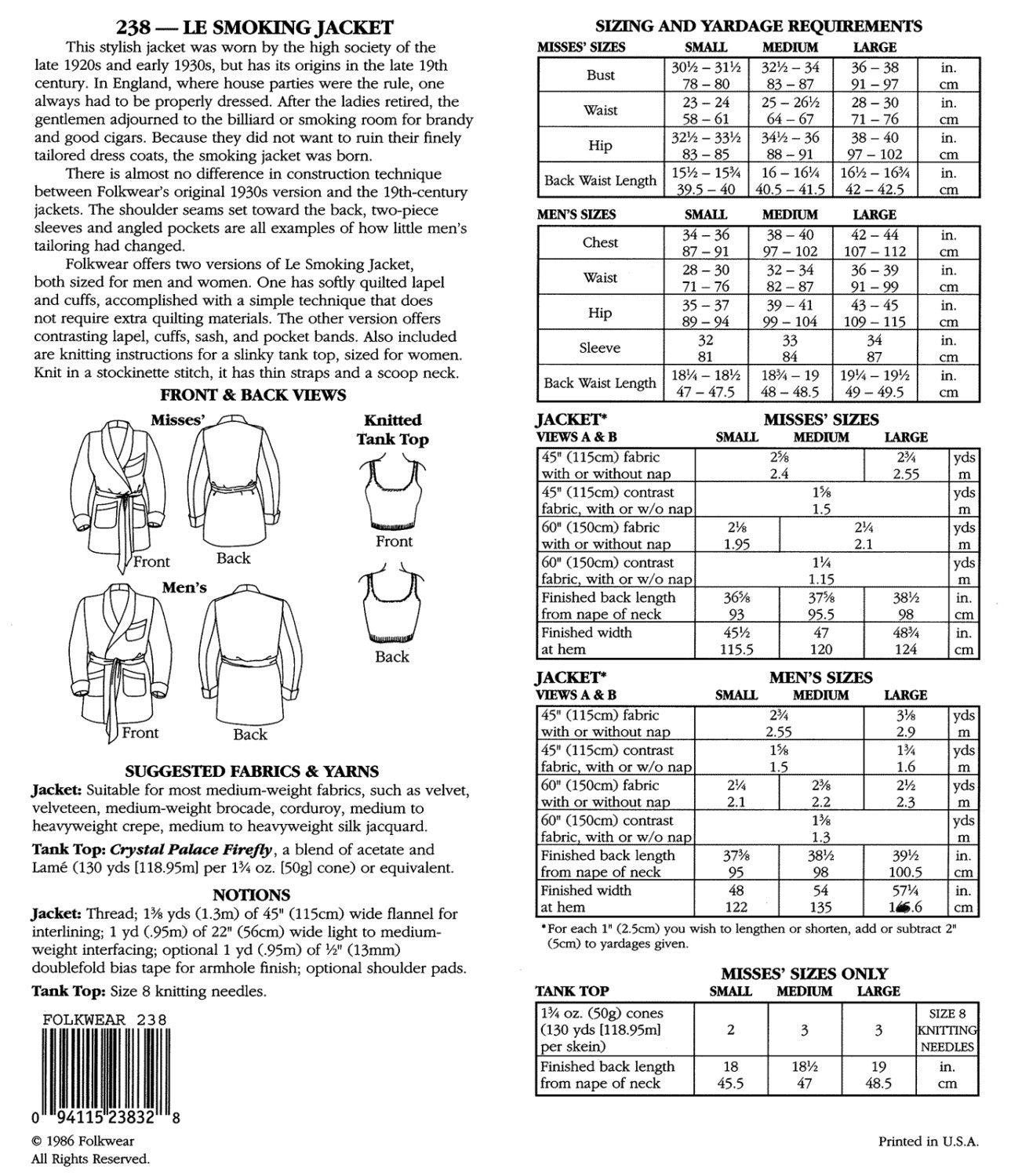 Folkwear Le Smoking Jacket Sewing Pattern Knitted Tank Top Pattern ...