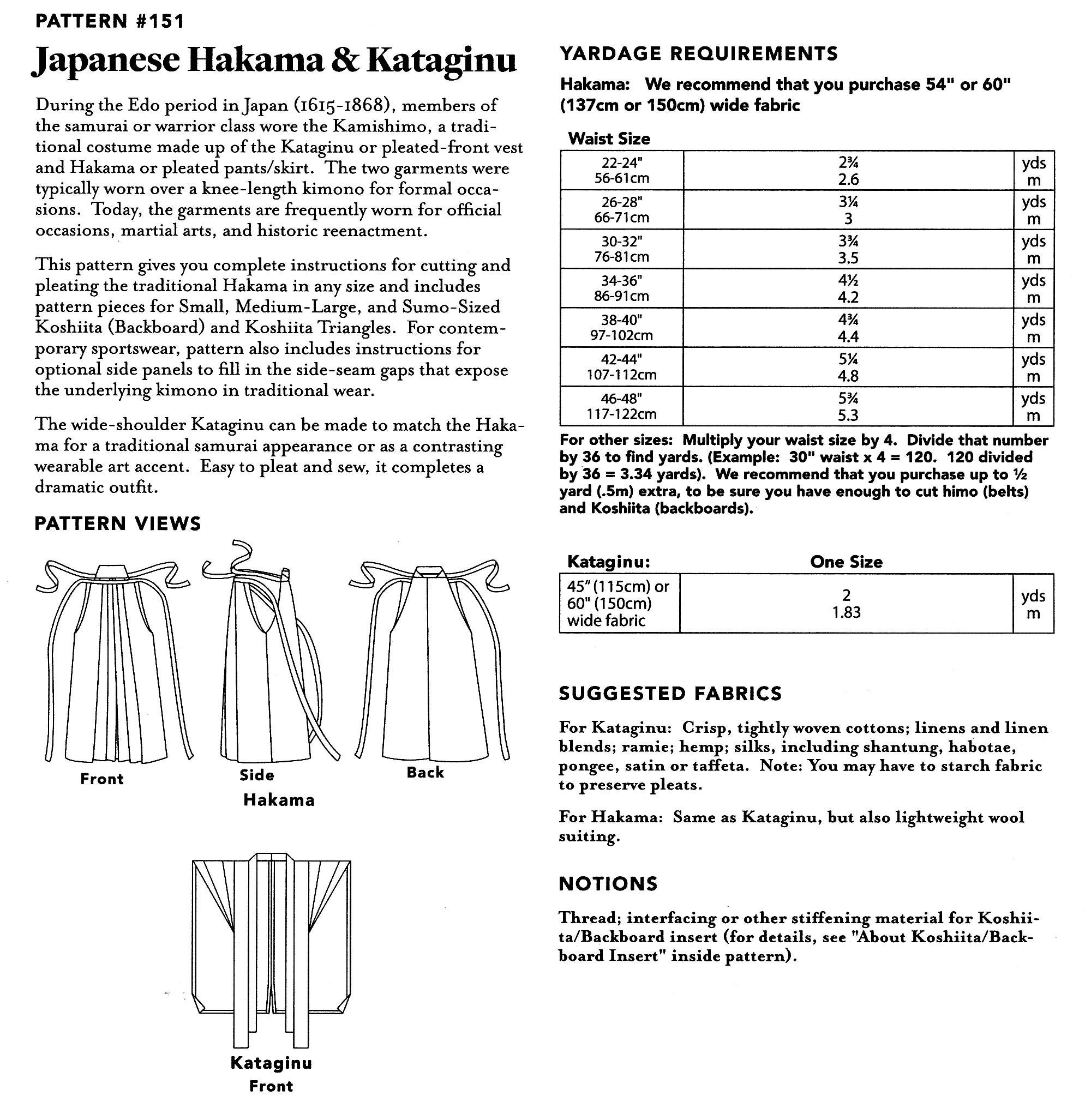 Folkwear Japanese Hakama & Kataginu Samurai Costume Sewing Pattern # 151