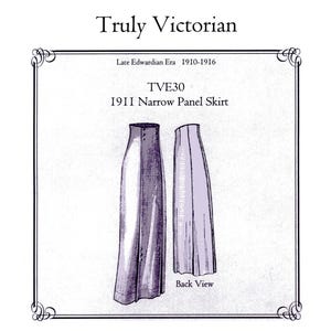 May include: Illustration of a 1911 narrow panel skirt, labeled Tve30, from the Late Edwardian Era. The drawing shows a front and back view of the skirt in a light purple hue, with the words "Truly Victorian" at the top.