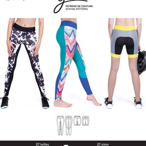 May include: Sewing pattern for Cora leggings, a Jalie pattern number 3462. The pattern includes 27 sizes for girls and women. The image shows three different versions of the leggings, one with a black and white print, one with a colorful chevron print, and one with a gray and black print.