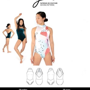 May include: A sewing pattern for a leotard with a high neck and a geometric print. The pattern is called "Jade" and is available in sizes for girls and women. The pattern is from Jalie, a company that makes sewing patterns for stretch knits.