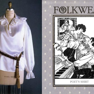 May include: A white poet's shirt with long sleeves and ruffled cuffs and collar, displayed on a mannequin. A brown braided belt with a tassel is tied around the waist. The image also includes a Folkwear label with a black and white illustration.